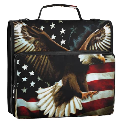3 Ring Zipper Binder Patriotic American Theme Trapper Keeper Binder Organizer Portfolio with File and Shoulder Strap & Handle Large Capacity File Folder - color: Patriotic American Theme