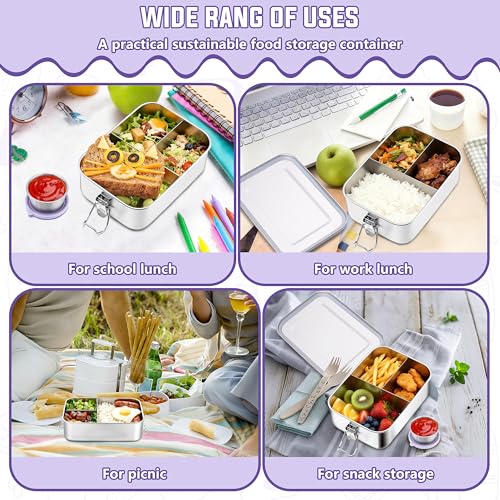 HaWare Stainless Steel Lunch Box, 29oz (850ML) with Divider | 3 Compartment, Condiment Container Included, Carrying Bag Included, Leak-Proof, Dishwasher Safe - color: Lilac Purple, size: 29oz-(850ml)