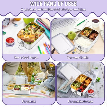 HaWare Stainless Steel Lunch Box, 29oz (850ML) with Divider | 3 Compartment, Condiment Container Included, Carrying Bag Included, Leak-Proof, Dishwasher Safe - color: Lilac Purple, size: 29oz-(850ml)