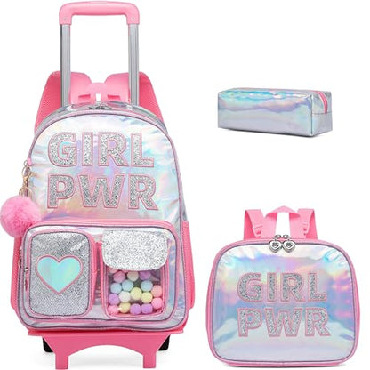 Meetbelify Rolling Backpack for Girls Backpack with Wheels for Elementary Student Kids School Bag with Lunch Box Pencil Case for Girls Ages 6-8 Years Old - color: Prw Pink