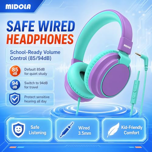 MIDOLA Kids Headphones for School Learning,Volume Limited 85/94dB, Foldable Lightweight Over-Ear Wired Headphones for Kids Toddler Girls Boys 3.5mm for Pad,Headsets with Built-in Mic Purple - color: Purple