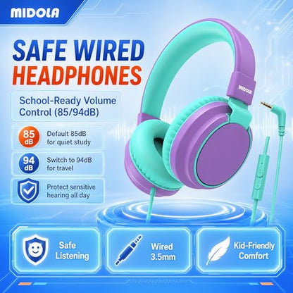 MIDOLA Kids Headphones for School Learning,Volume Limited 85/94dB, Foldable Lightweight Over-Ear Wired Headphones for Kids Toddler Girls Boys 3.5mm for Pad,Headsets with Built-in Mic Purple - color: Purple