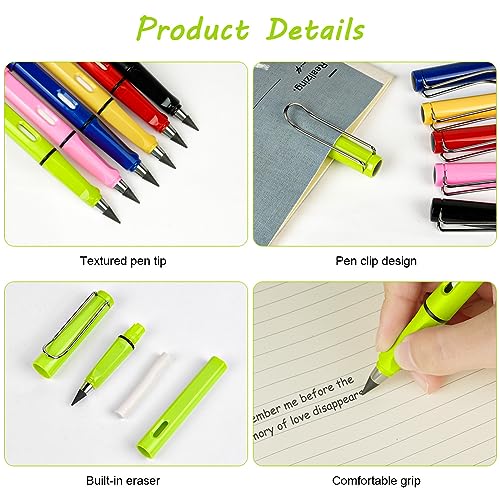 Ainiv Inkless Forever Pencil, 6 Sets with Eraser, Reusable with 6 Extra Nibs, Endless Pencil for Home Office School Supplies - color: 6 Sets Bright Color