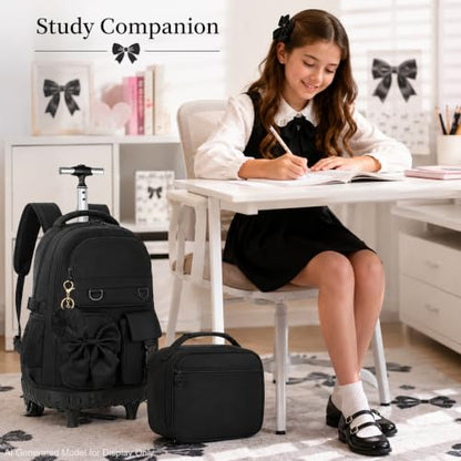 HPJGD 3PCS Girls Backpack with Wheels, Black Bow Tie Roller School Backpacks, Water-Resistant Rolling Wheeled Bookbag Set - color: Black Bowknot Rolling Backpack Set