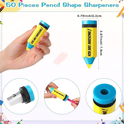 Ctosree 50 Pcs Pencils Shaped Sharpeners Bulk You Are Awesome Manual Colored Portable Sharpener with Lid