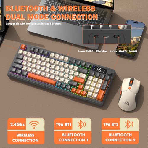 ZIYOU LANG T96 Wireless Gaming Keyboard and Mouse Combo,Dual Bluetooth//2.4G RGB Backlit Mechanical Feeling Keyboard with Smart Display & Knob,4000 DPI Gaming Mouse for PC Laptop Mac Wins-Shimmer - color: Shimmer