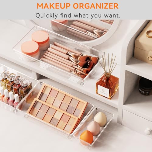 6 Pack Large Clear Plastic Drawer Organizer Trays, Acrylic Kitchen Drawer Organization and Storage Dividers, Non-Slip Storage Bins for Makeup, Kitchen Utensils, Bathroom, Jewelries and Office Desk - size: 6 Pack