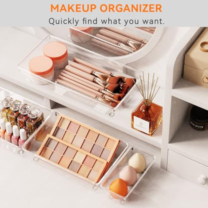 6 Pack Large Clear Plastic Drawer Organizer Trays, Acrylic Kitchen Drawer Organization and Storage Dividers, Non-Slip Storage Bins for Makeup, Kitchen Utensils, Bathroom, Jewelries and Office Desk - size: 6 Pack