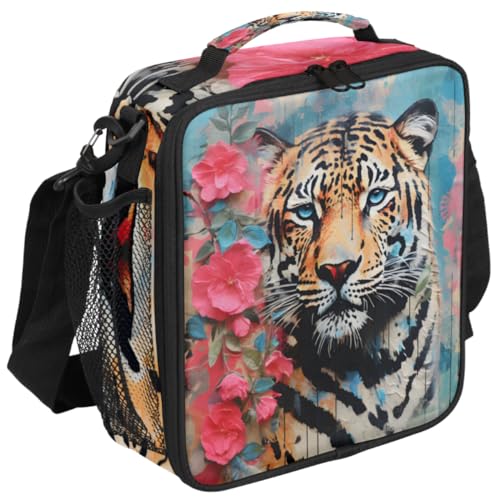 Graffiti Tiger Boys Lunch Box for School Insulated Kids Lunch Box Reusable Leakproof Lunch Bag Thermal Cooler Tote Picnic Lunchbox with Adjustable Shoulder Strap Back to School Gifts for Teens Boys - color: Tiger Flowers