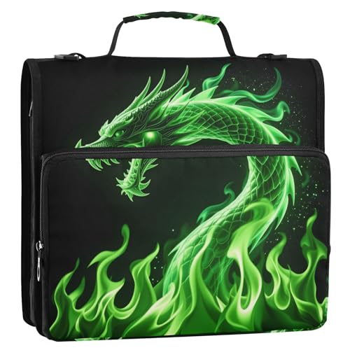 Green Dargon 3 Ring Zipper Binder Bag Binder Organizer with Handle Shoulder Strap for School Work Office Supplies - color: Green Dargon