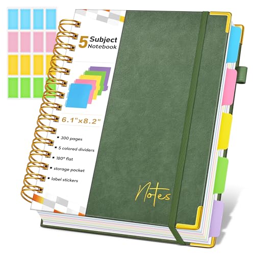 Spiral Notebook Journal with Removable Dividers Tabs, 300 Pages Hardcover Leather 5 Subject College Ruled Notebook, 6.1"x8.2" A5 Lined Journal for Women Men, Spiral Notebook for Work School,Green - color: Green, size: A5