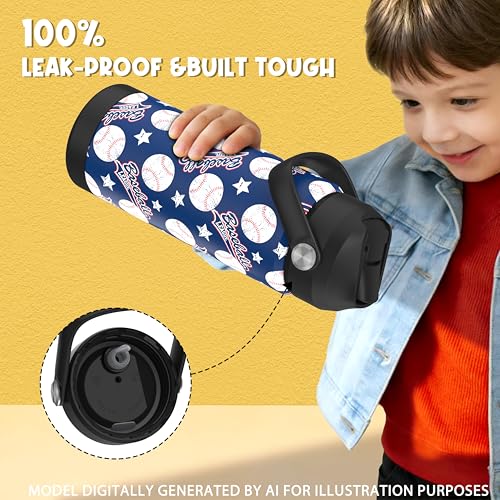 Boys Baseball Water Bottle for School，Kids 18 oz Insulated Stainless Steel Cup with Straw, Double-Wall Vacuum Leakproof - color: C14.Baseball