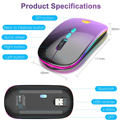 LED Wireless Mouse, Bluetooth Mouse &2.4GHz Instant Connection,Rechargeable Ultra Silent Slim,3 DPI 2 Connection Modes with USB-C to USB Adapter for Laptop/MacBook/PC/Tablet/iPad (Black-purple) | Bluetooth mouse with 2.4GHz USB receiver, silent slim desig