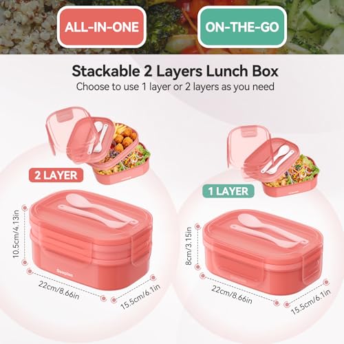 2 Layers Bento Box, All-in-One Stackable Lunch Container with Compartments, 64oz Leakproof Microwave Safe Dishwasher Safe Bento Box with Lunch Bag and Utensil Set for Kids and Adults - color: Pink