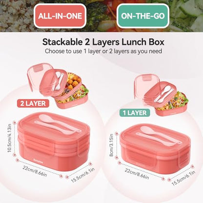 2 Layers Bento Box, All-in-One Stackable Lunch Container with Compartments, 64oz Leakproof Microwave Safe Dishwasher Safe Bento Box with Lunch Bag and Utensil Set for Kids and Adults - color: Pink