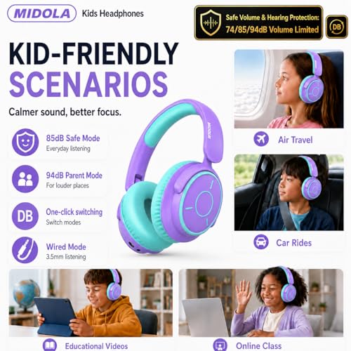 MIDOLA Kids Bluetooth Headphones 68H Play Time,Volume Limit 85/94dB, Foldable Lightweight Wireless Over-Ear Headphone for Kid Toddler Child Pad Tablet,Headsets with Built-in Mic Purple - color: Purple