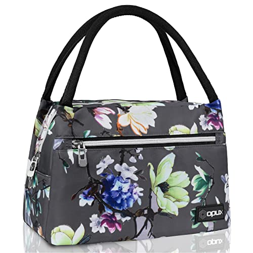 opux Lunch Bag for Women, Insulated Lunch Box Tote for Girls Work Adult School, Small Reusable Cooler Bag Lunch Container Food Tote for Travel Picnic, Fits 11 Cans, Floral Gray - color: Floral Gray