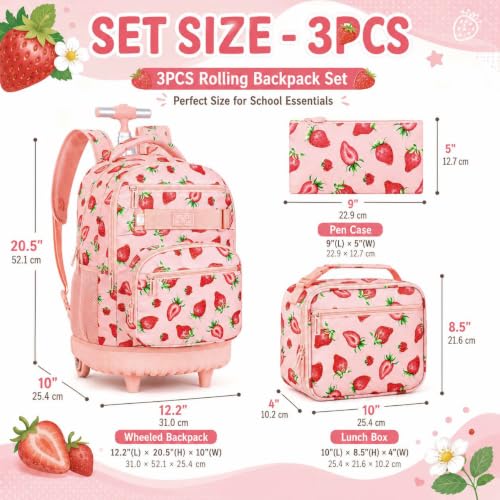 HPJGD Rolling Backpack for Girls, Womens Strawberry School Backpacks with Wheels, Water-Resistant Roller Kids Wheeled Bookbag Set with Lunch Box - color: Pink Strawberry Rolling Set