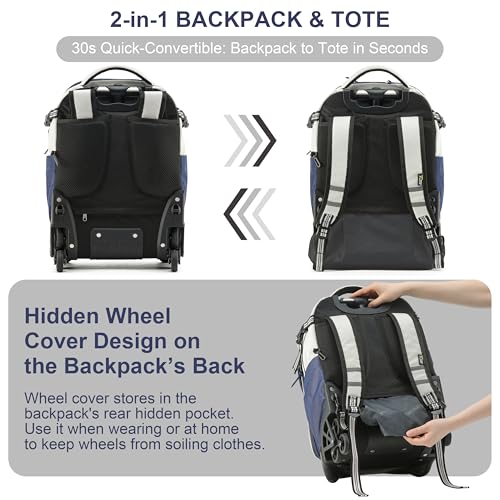 NEW TILAMI 18 Inch Expandable Rolling Backpack with 6-Wheel Stair Climbing, Waterproof Wheeled School Bag with 15.6" Laptop Sleeve for Boys Girls, Carry-on Luggage 98cm Dual-Height Handle - White - color: White