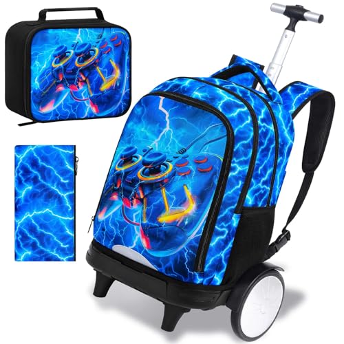 KLFVB Big Quiet-Glide Wheels Roller Bag, 3-in-1 Rolling Backpack Set with Lunch Bag | Water-Resistant Wheeled Bookbag for Boys, School, Travel, Play - Lightning Game Controller - color: Rolling Backpack With Big Wheels - Lightning Game