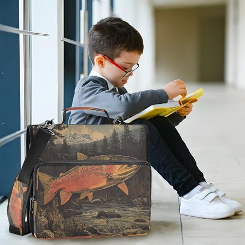 Cute Fish Trout Zipper Binder Bag 3 Ring with Handle Shoulder Strap, Binder File Organizer Bag Storage Case for Work Office School