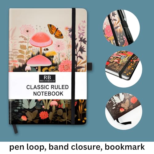 RICCO BELLO Lined Journal Notebook, Mushroom Garden, Hardcover | College Ruled, 96 Sheets / 192 Pages, 5.7 x 8.4 Inches, Pen Holder, For Work & Notes - color: Mushroom Garden