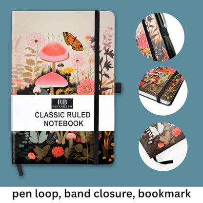 RICCO BELLO Lined Journal Notebook, Mushroom Garden, Hardcover | College Ruled, 96 Sheets / 192 Pages, 5.7 x 8.4 Inches, Pen Holder, For Work & Notes - color: Mushroom Garden