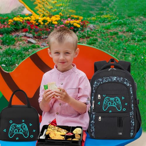 ACESAK Boys Backpack - Black Game Console Bento Box with Insulated Lunch Bag Pencil Case & Utensils Set for Kids, 6 Leakproof Compartments Removable Tray Lunches or Snack Container - color: Black Game Console