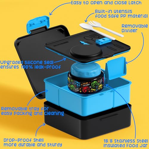 Fimibuke 60oz Kids Bento lunch Box with Insulated Lunch Bag & 8.5oz Thermo | Leakproof 3-4 Compartment Toddler Kids Lunch Box Food Container w/ Utensils, Sauce Cup for School Boys Girls, Dishwasher Safe - color: A1.Game Controllers