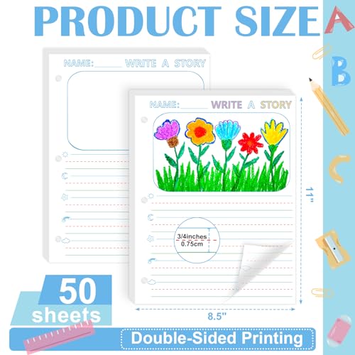 50 Sheets 8.5 x 11" Story Writing Paper for Kids Loose Leaf Draw and Write Paper 3/4" Long Rule Double-Sided K2 Write Story Handwriting Practice Paper Kindergarten Storybook Paper with Lines