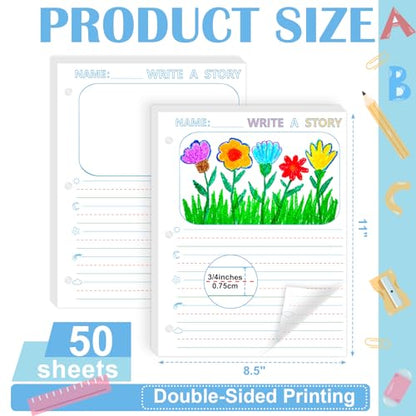 50 Sheets 8.5 x 11" Story Writing Paper for Kids Loose Leaf Draw and Write Paper 3/4" Long Rule Double-Sided K2 Write Story Handwriting Practice Paper Kindergarten Storybook Paper with Lines
