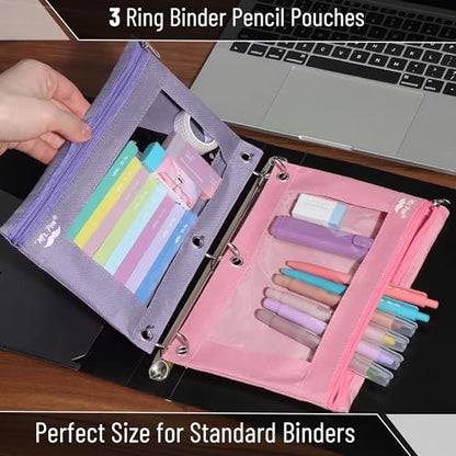 Mr. Pen- Pencil Pouch for 3 Ring Binder, 2 Pack, 10"x6.75", Smooth Zipper | Clear Window, Large Capacity Pencil Case with 3 Reinforced Grommets for School, Office, Supplies Storage | Clear Window, Large Capacity Pencil Case with 3 Reinforced Grommets for