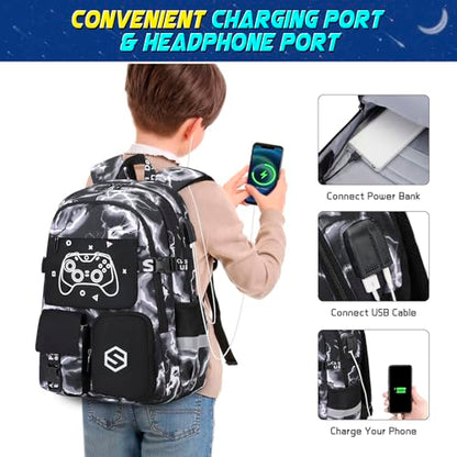Scothen Boys Backpack, Cool Luminous School Backpack with Lunch Bag Pencil Case, Kids Backpack Kindergarten Elementary Middle School Book Bags for Teen Boys Children with USB Charging Port - color: Black Lightning