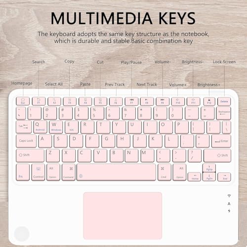 for Bluetooth Keyboard Touchpad Built, Cute Tablet Stand Adjustable & Foldable, Wireless Rechargeable Bluetooth for iPad, iPad Pro/Mini/Air, Samsung Xiaomi Tablets, etc - Pink - color: C-Touchpad Keyboard-Pink