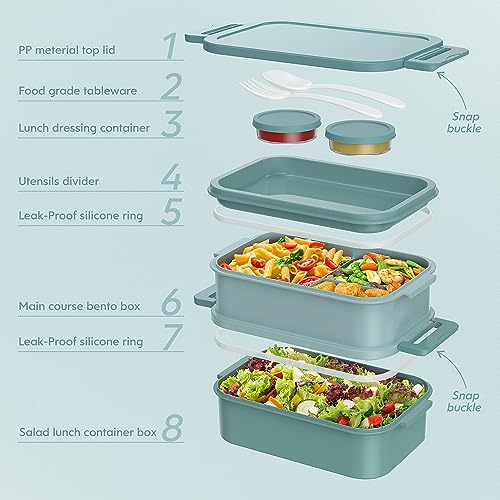 Jelife Bento Box Adult Lunch Box - 72oz Stackable Bento Lunch Box for Adults, 3 Layers All-in-One Large Bento Box Leak-Proof Lunchbox with Utensil Sauce Dressing Containers for Dining Out,Work, Green - color: 2-Green