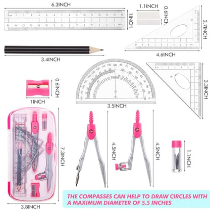 Zonon 24 Sets Math Geometry Kit Student 10 Pcs Shatterproof Storage Box Includes Compass, Rulers, Protractor, Eraser, Pencil Sharpener, Lead Refills, Pencil for Back to School Students Class Teacher