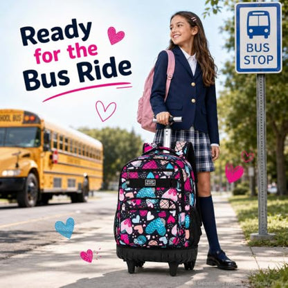 gxtvo Rolling Backpack for Girls, Adults Wheeled Bookbag with Lunch Box for Women, Kids Water Resistant Roller School Bag for College Teens Travel - Love Heart - color: Love Heart