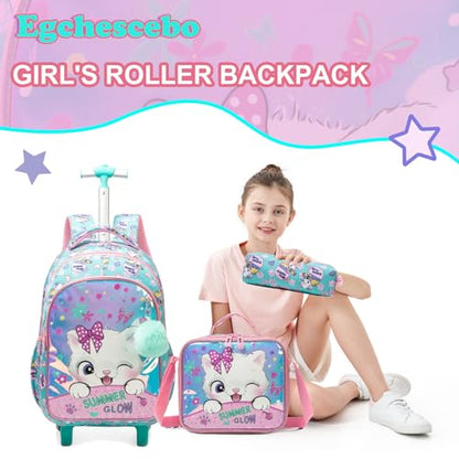Kids Rolling Backpack for Girls Trolley Suitcases Luggage Travel with Wheels Bookbag Wheeled 17" 3PCS Roller Backpacks Toddler Back Pack School Bags Set for Elementary Cats Phantom Color - color: 5225-maomi-colourful
