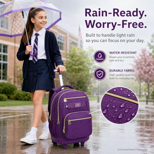 HPJGD 3PCS Girls Rolling Backpack, Womens Dark Purple School Backpacks with Wheels, Water Resistant Roller Kids Wheeled Bookbag Set - color: Classic Dark Purple Rolling Backpack Set