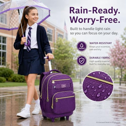 HPJGD 3PCS Girls Rolling Backpack, Womens Dark Purple School Backpacks with Wheels, Water Resistant Roller Kids Wheeled Bookbag Set - color: Classic Dark Purple Rolling Backpack Set