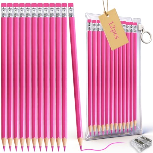 Adhere Pink Colored pencils 12pcs Erasable Checking Pencils Pre-Sharpened #2 HB,for Checking Tests Grading,Map Coloring,editing Office Favors,including a Free sharpener - color: Pink