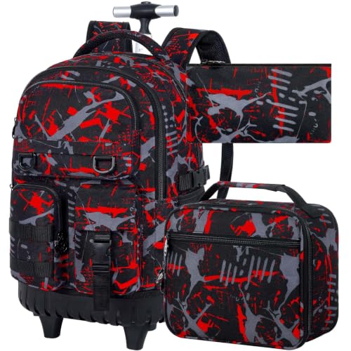 CCJPX 3Pcs Rolling Backpack for Boys, Roller Wheeled School Bookbag, Graffiti Wheels Backpacks with Lunch Box for Kids (Red) - color: Graffiti Red
