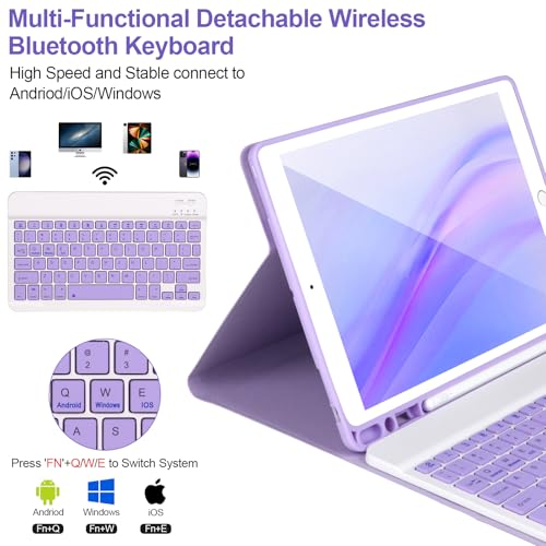 AHYWTAN Keyboard Case for iPad 9/8/7th Gen 10.2’’,Case with Keyboard ipad 10.2 inch,Detachable Bluetooth Keyboard with Pencil Holder,Purple - color: Purple