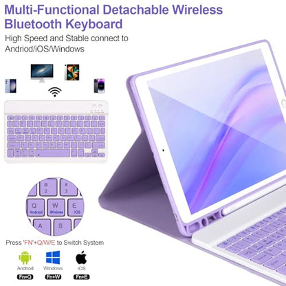 AHYWTAN Keyboard Case for iPad 9/8/7th Gen 10.2’’,Case with Keyboard ipad 10.2 inch,Detachable Bluetooth Keyboard with Pencil Holder,Purple - color: Purple