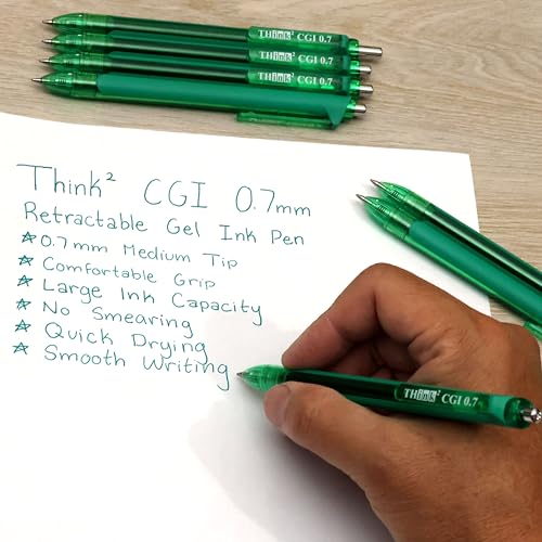 [24 Pens - Green Ink] Think2 0.7mm CGI Retractable Gel Pens. (24 Green) Medium Point Rollerball Pens with Smooth Quick Drying Ink. - color: Green