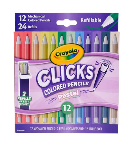 Crayola Clicks 2.0mm Mechanical Colored Pencil Set, 12 Pastel Colors, Cute School Supplies for Teachers, 24 Replacement Cores, Ages 6+ - color: Pastel, style: Click Mechanical Pencil