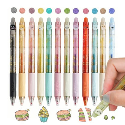 12PCS Cute Glitter Erasable Gel Pens, Multicolor Fine Point 0.7mm, Retractable, for Journaling, Drawing, Note Taking - color: Multicolor