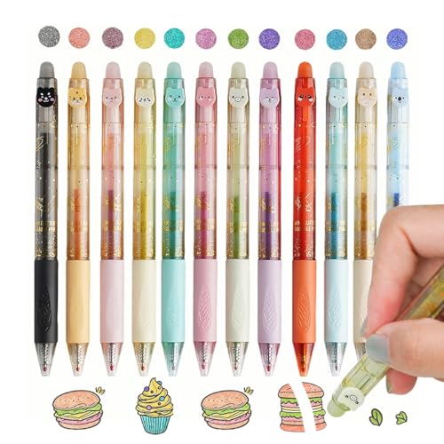 12PCS Cute Glitter Erasable Gel Pens, Multicolor Fine Point 0.7mm, Retractable, for Journaling, Drawing, Note Taking - color: Multicolor