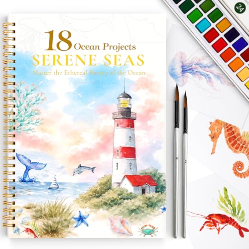 Watercolor Workbook for Beginners,18 Serene Seas Sceneries Water Coloring Book,Relaxing & Easy to Paint Water Coloring Book with 24 Colors-Perfect for Gifting to Creativity & Joy for Adults - color: Ocean Theme
