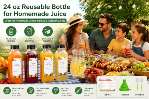 OBKJJ 80pcs 24oz Pcs Juice Bottles, Juice Bottle with Caps Reusable Empty Clear Bottles with Label, Funnel, Brush Bulk Beverage Containers for Juicing, Drinking, Smoothie and Other Beverages (24oz) - size: 24 Ounces